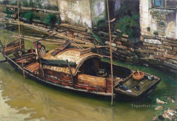 山水の中国の風景 Painting - ボートに乗る家族山水中国の風景